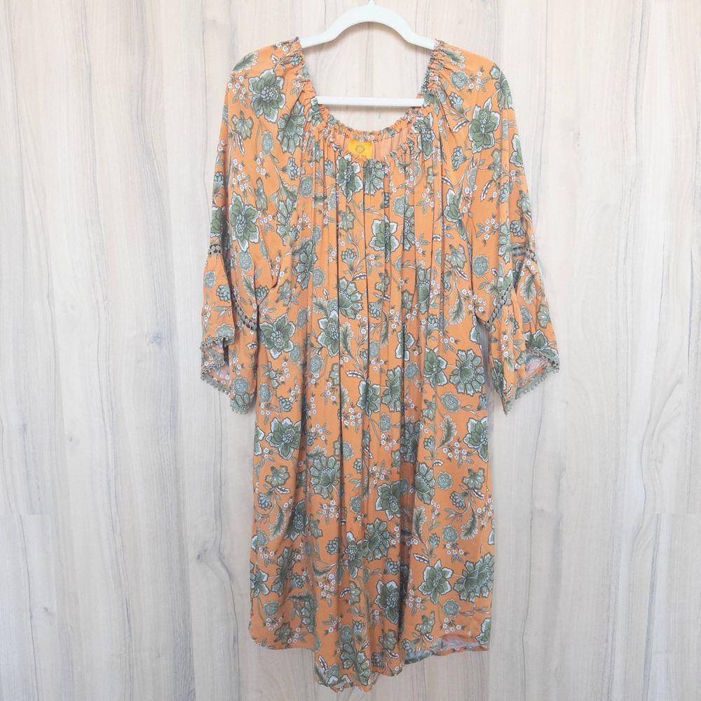 Womens Dress Size 2X Orange Green Floral Bell Sleeve Boho Cottage Prairie Fall‎
